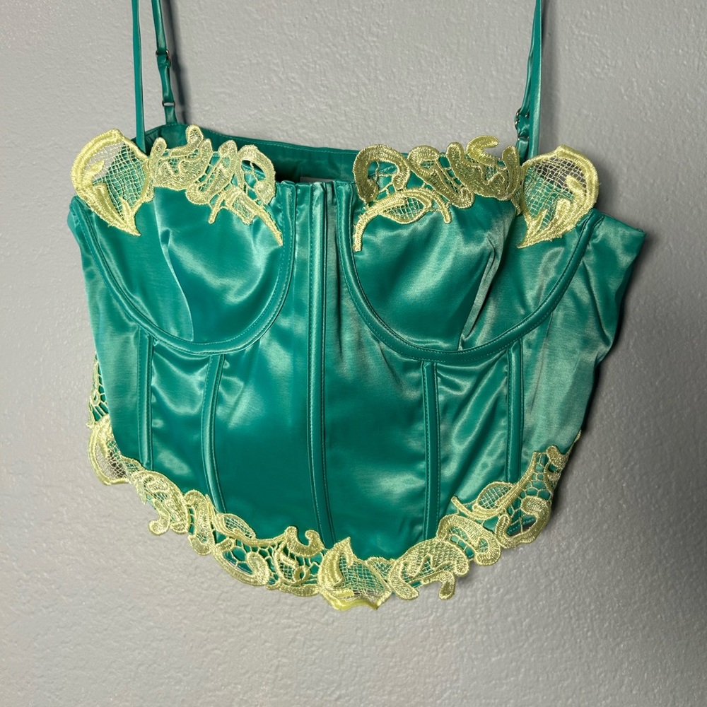 Meshki Turquoise Satin Lace Bustier corset with Yellow lace Trim